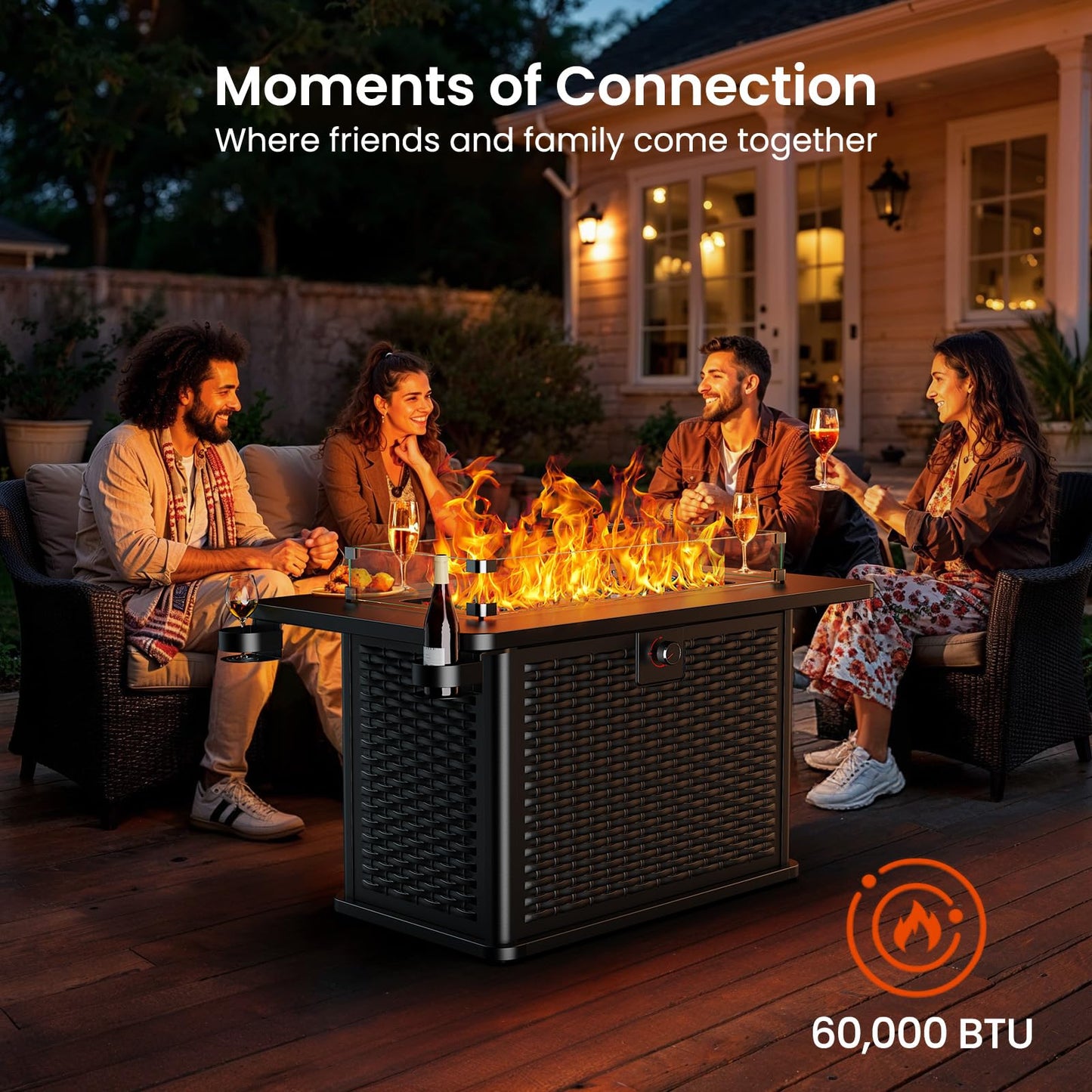 AMADA HOMEFURNISHING 43 Inch Propane Fire Pit Table, 60,000 BTU Gas Fire Pit with Premium Glass Rocks, Wind Guard Glass Shield, Waterproof Cover, Cup Holders, Fire Table for Patio and Garden
