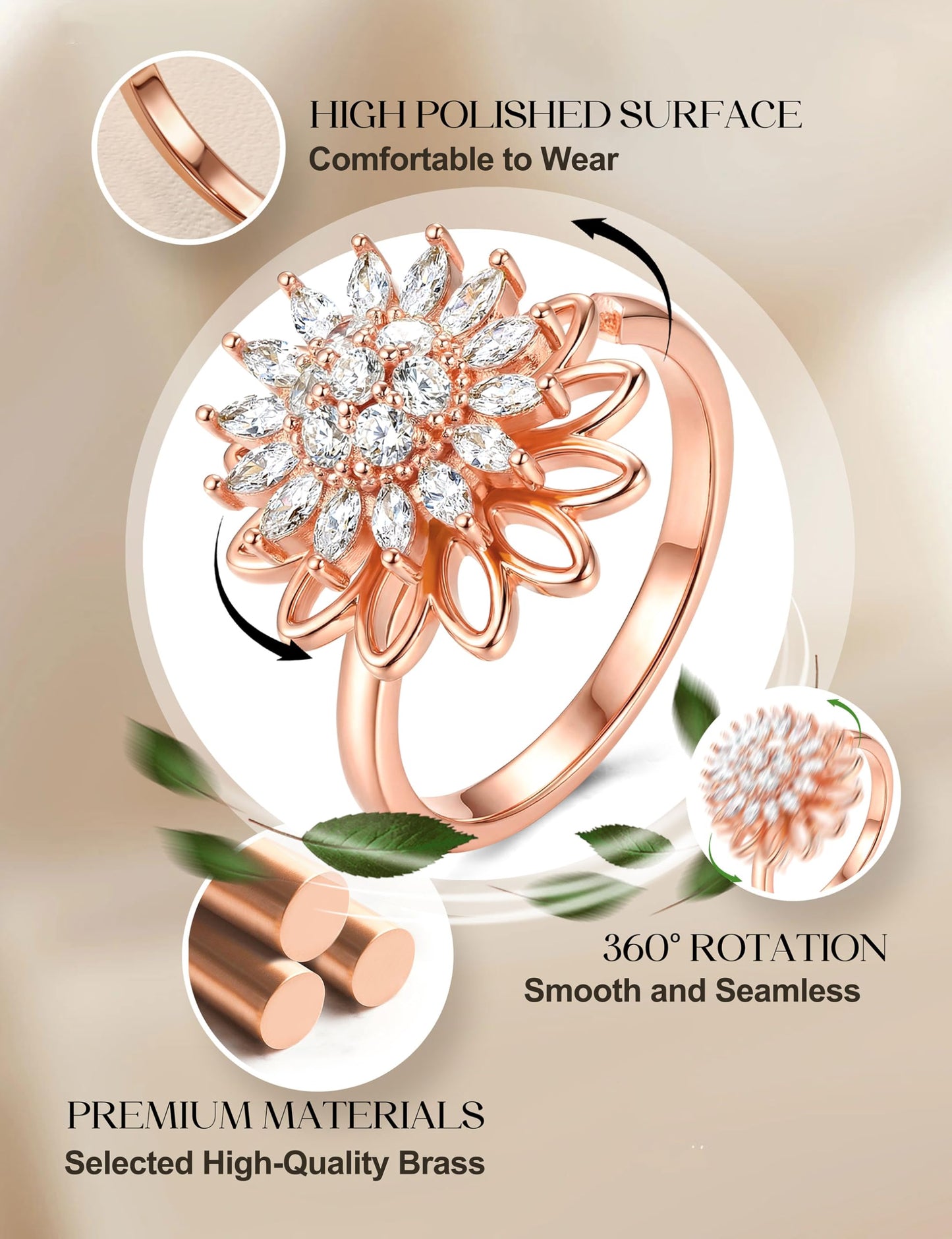 MILACOLATO 14K Gold Plated Fidget Ring for Women Adjustable Anxiety Rings Open CZ Butterfly Sunflower Bead Spinner Rings for Anxiety Stress Relief RG