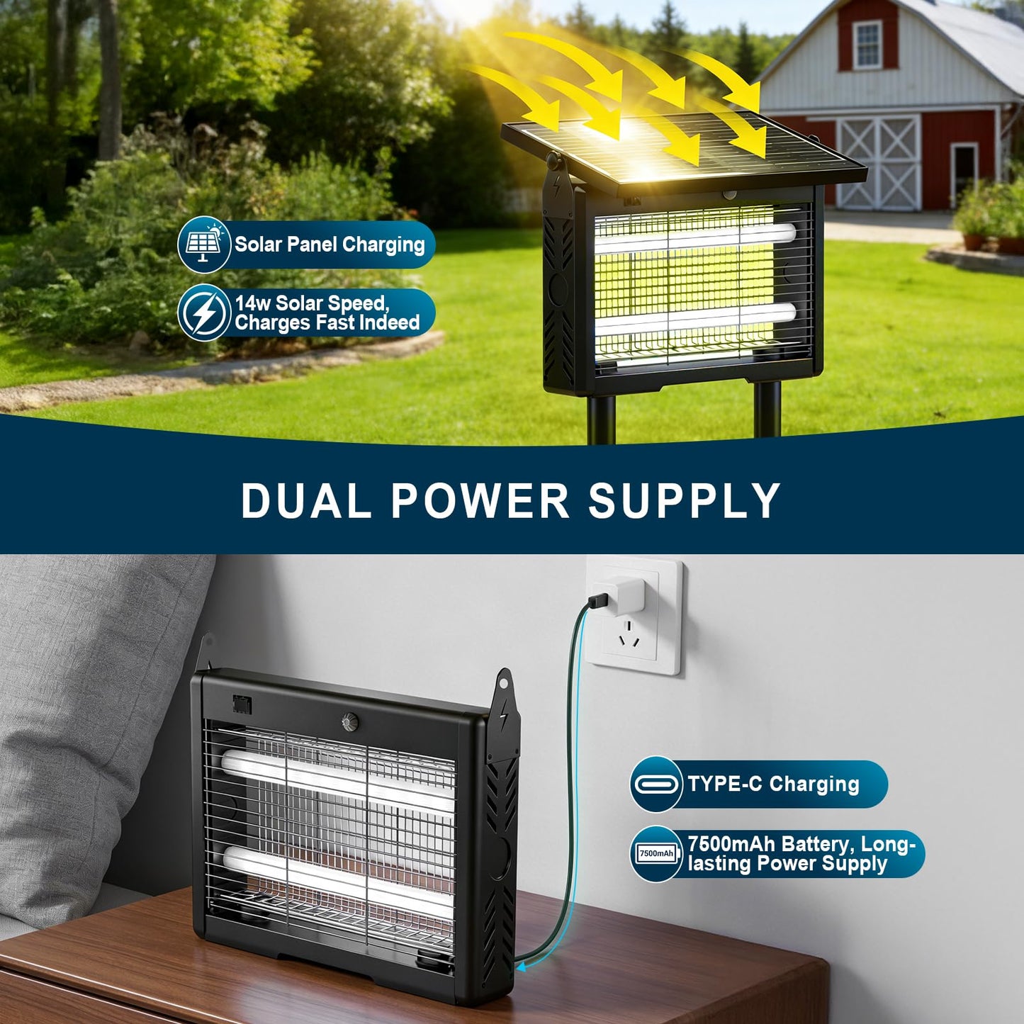 14W Solar & USB-C Bug Zapper Outdoor, 7500mAh Mosquito Zapper with 365–395nm UV Light, Dusk to Dawn Sensor, IPX5 Waterproof, Fly Trap for Patio Garden Backyard Deck Camping