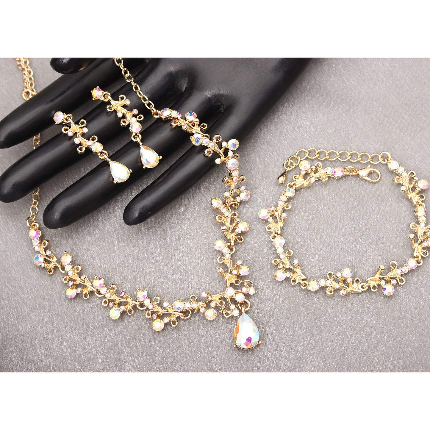 3Pcs Austrian Crystal Jewelry Set for Women, Necklace Dangle Earrings Link Bracelet Jewelry Set with Gold/Platinum/Gun Plated, Wedding Party Jewelry for Bridal Bridesmaid (AB Crystal-Gold Plated)