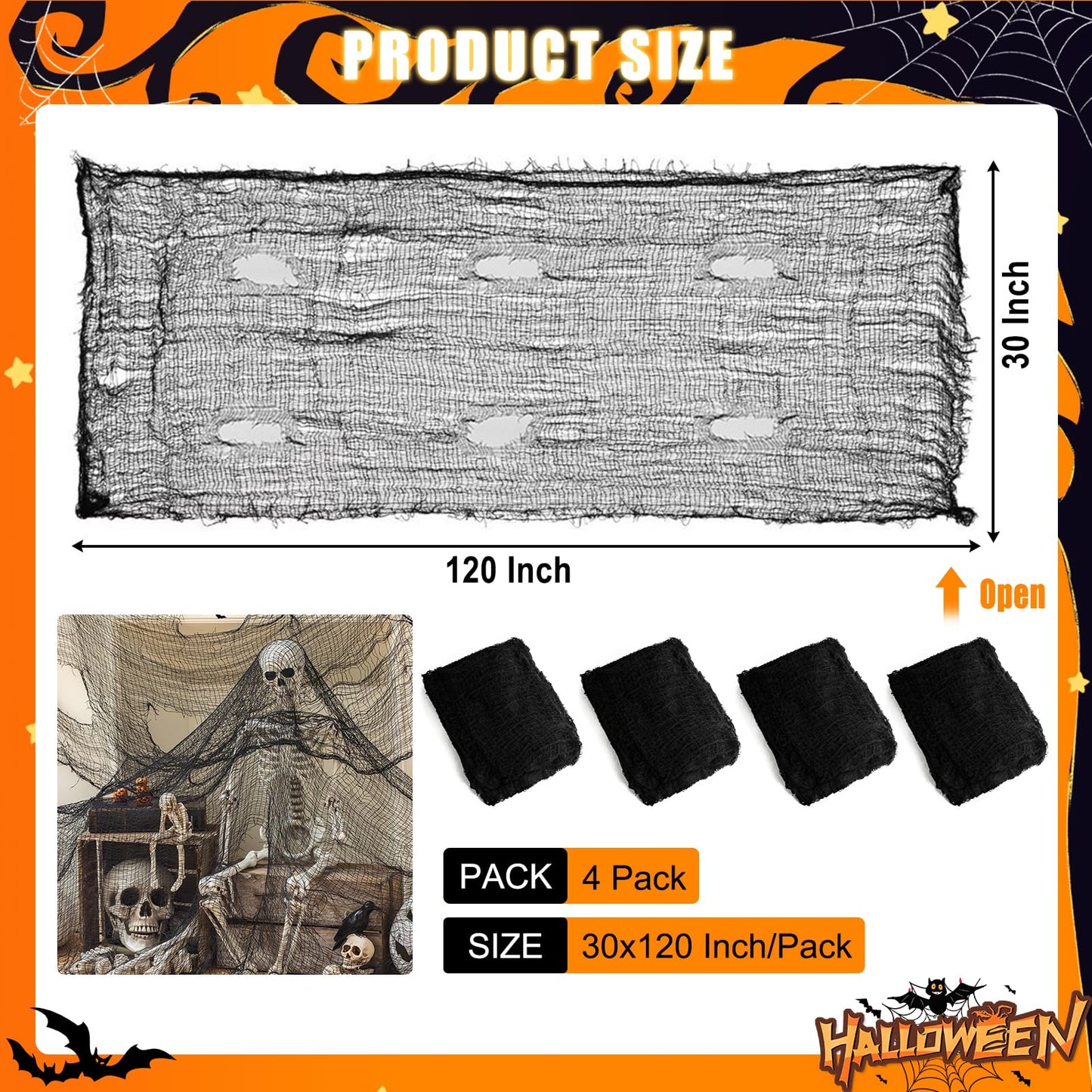 JOHOSEEK 4 Pack Halloween Creepy Cloth Decoration, 30 x 120 inch Black Gauze Halloween Decor, Scary Black Cheesecloth, Spooky Fabric Decoration for Haunted House Wall Yard Outdoor Indoor