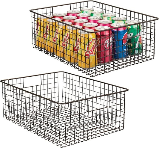 mDesign Metal Wire Food Storage Basket Organizer with Handles for Organizing Kitchen Cabinets, Pantry Shelf, Bathroom, Laundry Room, Closets, Garage - Concerto Collection - 2 Pack - Bronze