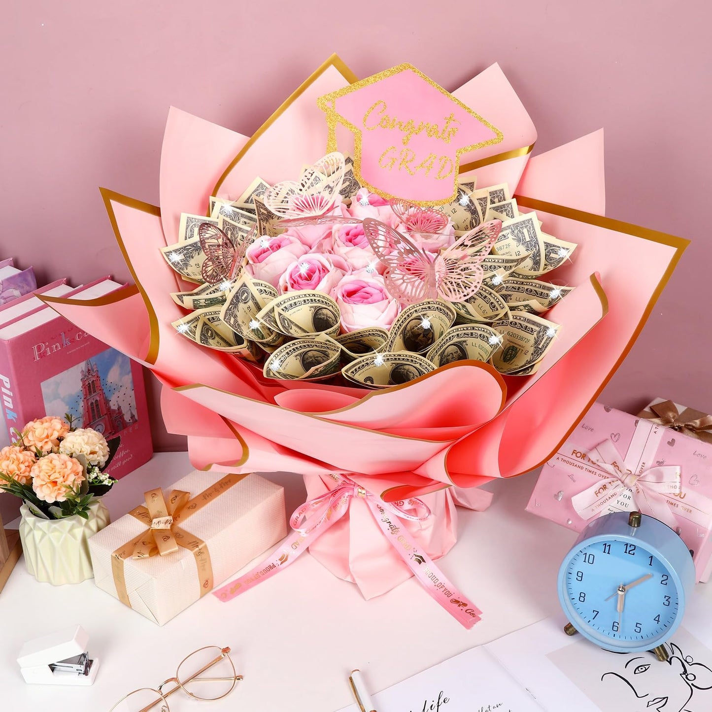 AUGSUN Graduation Money Bouquet Kit, 147 Pcs DIY Bouquet Making Supplies with Folded Bills Wrapping Paper 3D Butterflies for Graduation Gift Class of 2026 Gifts