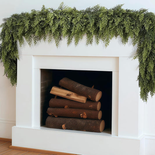2 Pcs Christmas Garland, Christmas Decorations, 6FT Real Touch Cedar Garland, Artificial Cypress Garlands for Mantle Fireplace Door Table Wall Upstairs Indoor Outdoor Holiday Xmas Decor