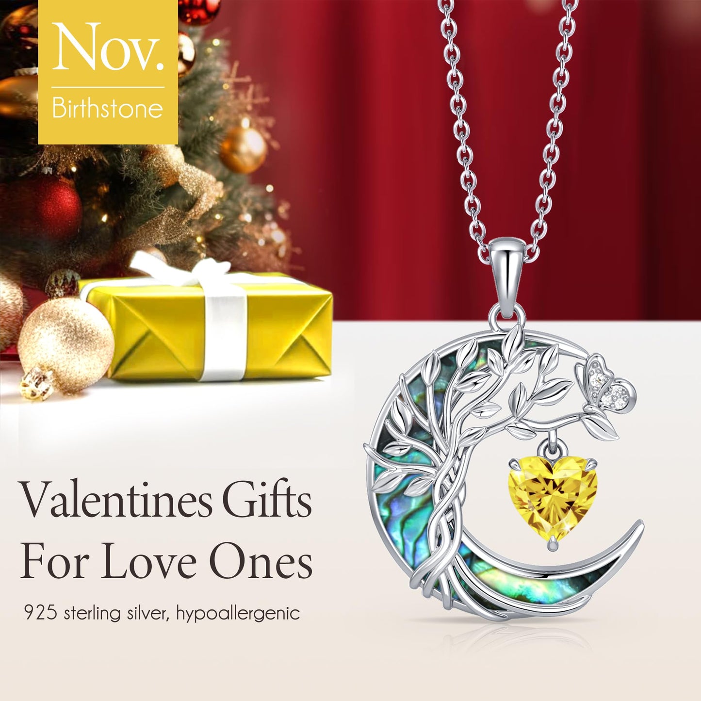 Distance Tree of Life Birthstone Necklace for Women, S925 Sterling Silver Premium Abalone Shell Moon Pendant November Heart Birthstone Necklace, Citrine Jewelry Christmas Birthday Gifts for Her Wife