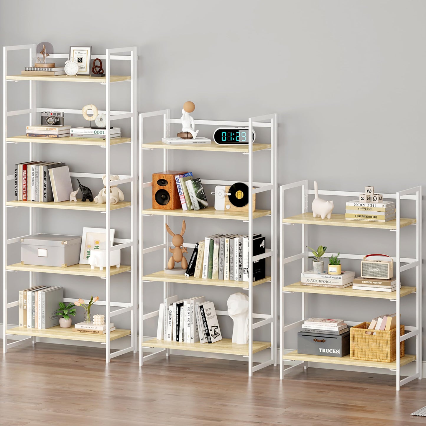 BHG Vintage Multifunctional Folding Bookshelf, No-Assembly Plant Stand Storage Rack Shelves for Home Office (White, 5-Tier)