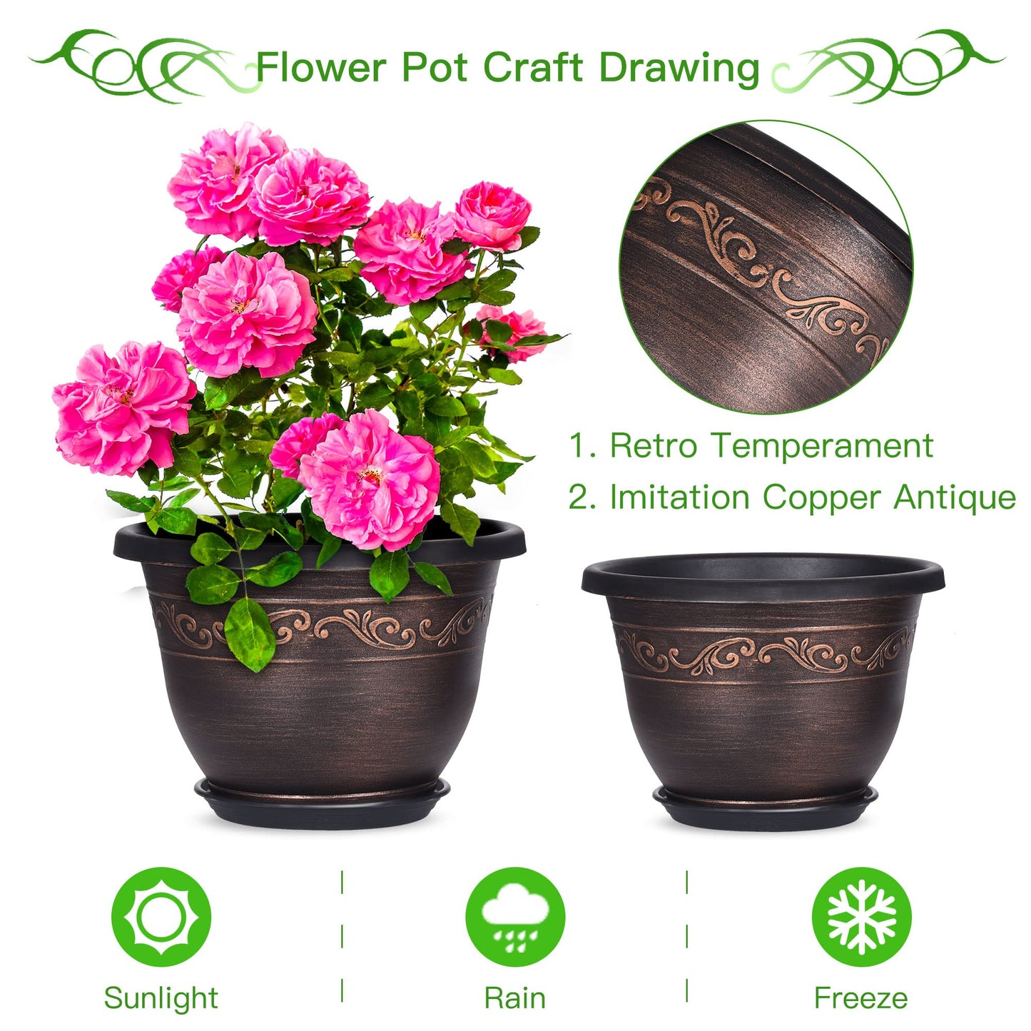 Plastic-Plant-Flower-Planters-14 Inch With Drainage Hole & Saucer, 3 Packs Lightweight Large Resin Flower Pot Indoor Outdoor, Retro Antique Imitation Decorative Garden Containers Sets For Houseplants