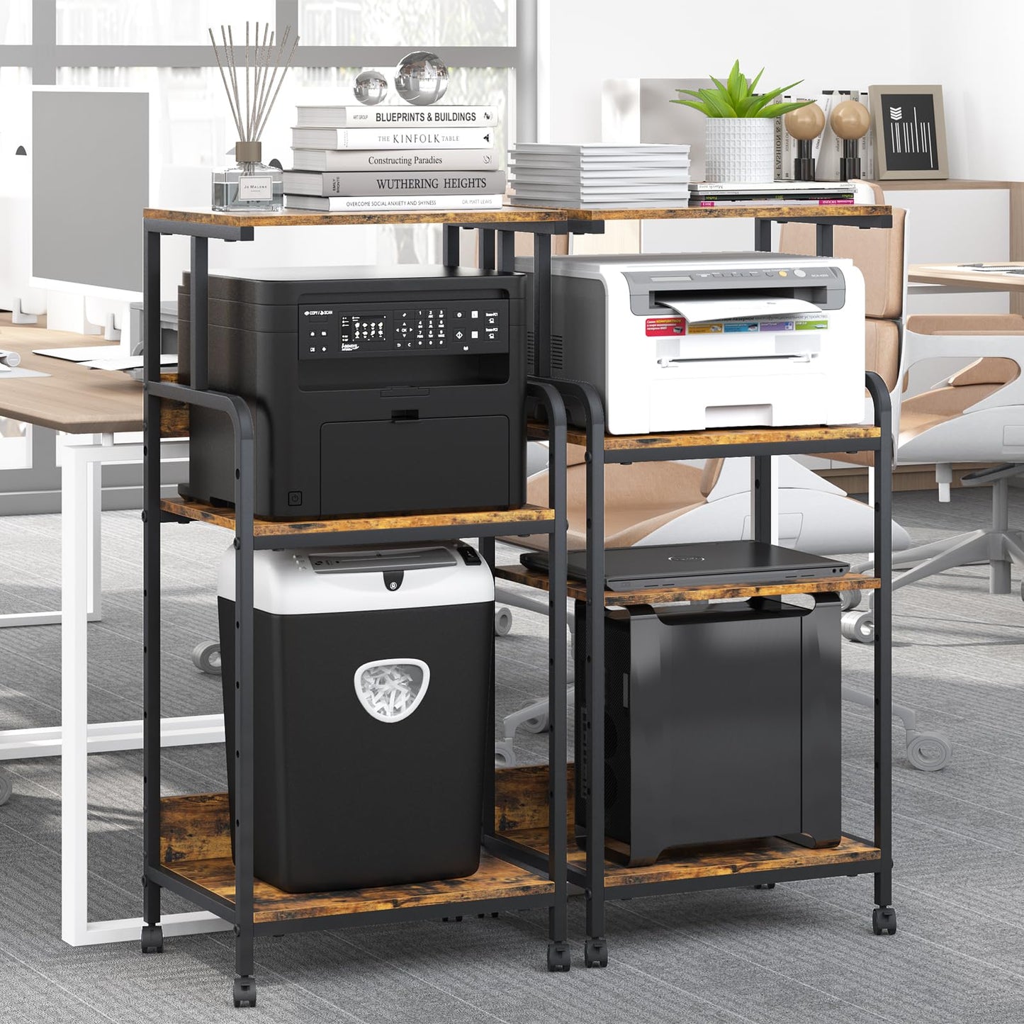 Arbuxzuy 4 Tier Printer Stand with Storage Shelf, Large Tall Printer Cart with Wheels, Mobile Printer Table for Home Office, Adjustable Stands for Printer Heat Press Scanner Fax (Brown), High