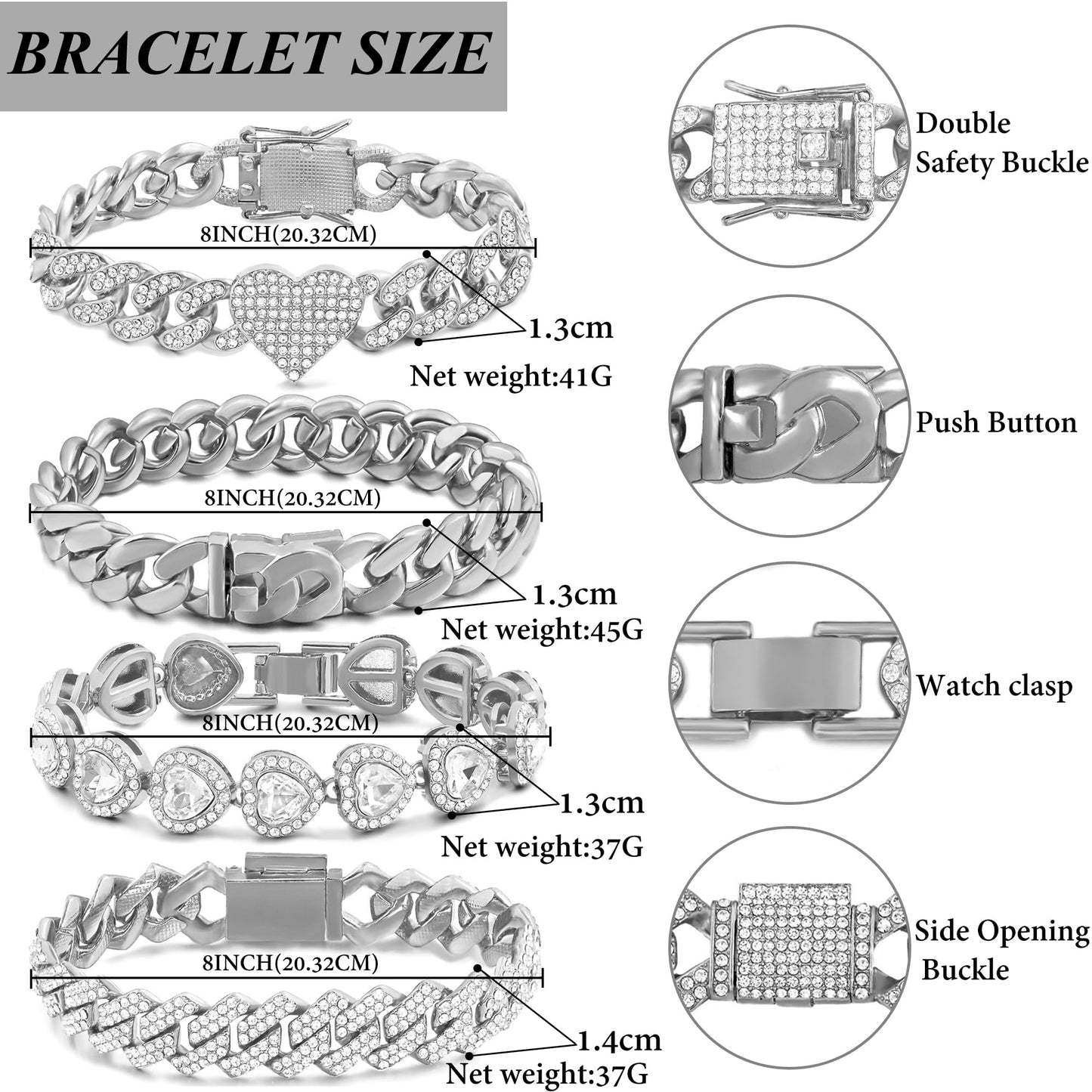 shopbyskyler 4PCS Gold Bracelets for Women Silver Clustered Tennis Bracelet for Women Heart Round Diamond Cuban Bracelet Layered Link Bracelet Set Fashion Jewelry for Women Set (Silver-2, 8inch)