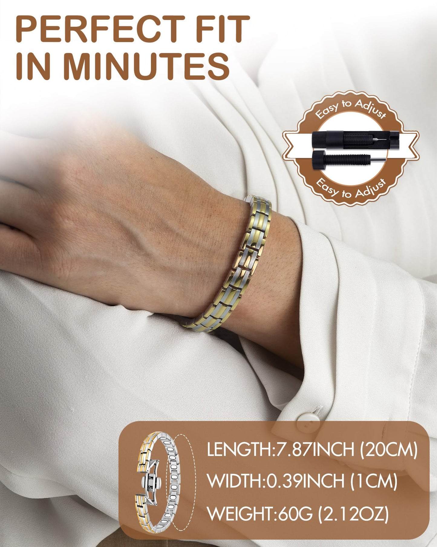Feraco 5X Strength Magnetic Bracelets for Women, Stainless Steel Magnet Bracelet with Ultra Powerful 5000 Gauss Magnets, Upgraded Butterfly Clasp, Adjustable Jewelry Gift (Silver & Gold)