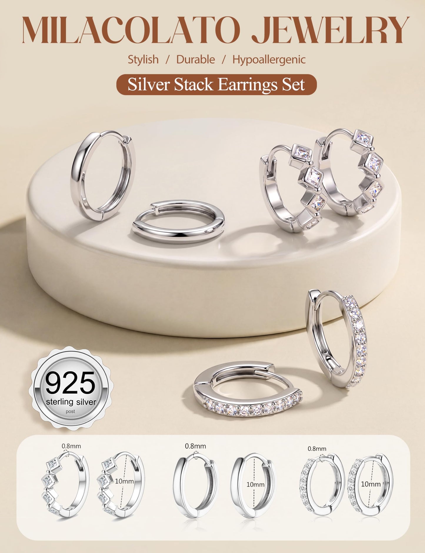 MILACOLATO 3Pairs 925 Sterling Silver Earrings for Women, Sterling Silver Filled Small Huggie Hoop Earrings Sets for Multiple Piercing Hypoallergenic, CZ Cartilage Earrings Stacks Trendy Earrings, K