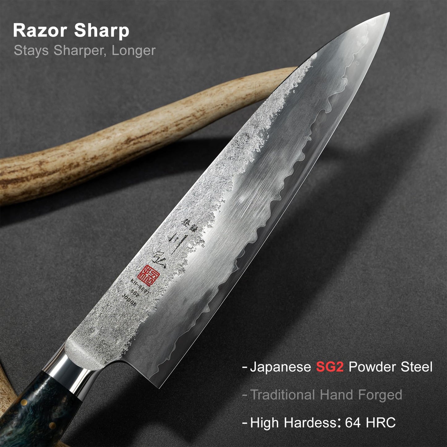 KAWAHIRO Japanese Chef Knife with SG2 Powder Steel, 8.27 inch Professional Gyuto Knife, Hand Forged Kitchen Knife with Premium Stabilized Wood Handle and Wood Gift Box