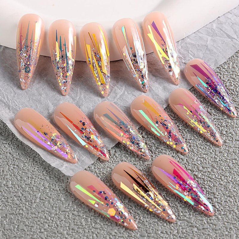 JERCLITY 12 Boxes Gradient Aurora Glass Paper Nail Sticker Foil Nail Art Holographic Colorful Glass Reflective Mirror Design Broken Glass Stripe Line Paper Nail Decals Cellophane Films Foils for Nails
