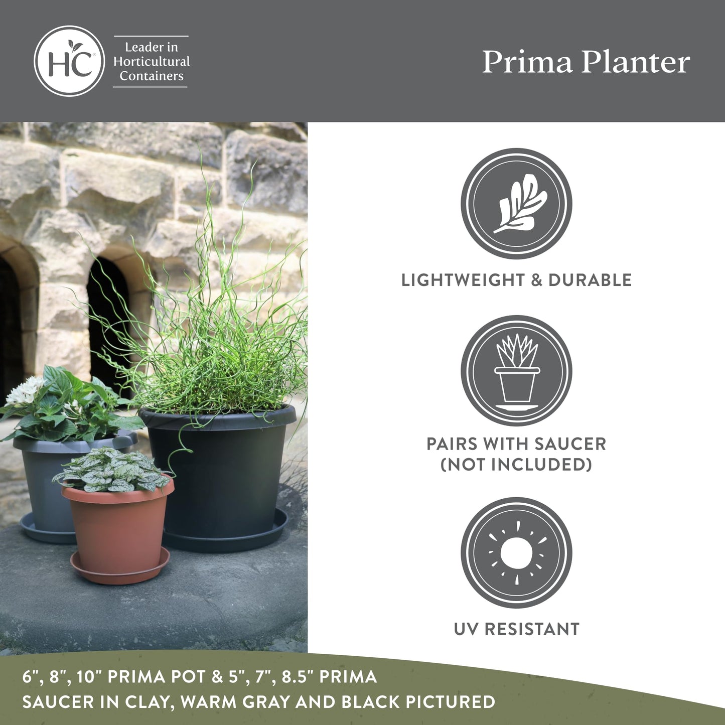 The HC Companies 16 Inch Prima Round Planter Pots with Drainage Holes and Rolled Rim, Lightweight UV-Resistant Plastic Indoor & Outdoor Planters, 2-Pack Flower Pots for Garden & Home Decor, Sandstone