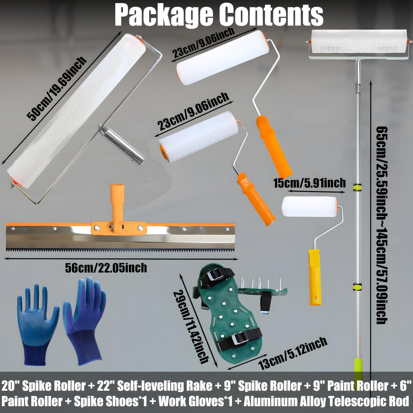 Self Leveling Cement Tool Kit,Epoxy Flooring Tool Kit,Self-Leveling Rake,Spike Shoes for Epoxy Flooring,Floor Leveling Tools,Spike Roller for Self-Leveling,23.62~55.12 inch Telescopic Pole