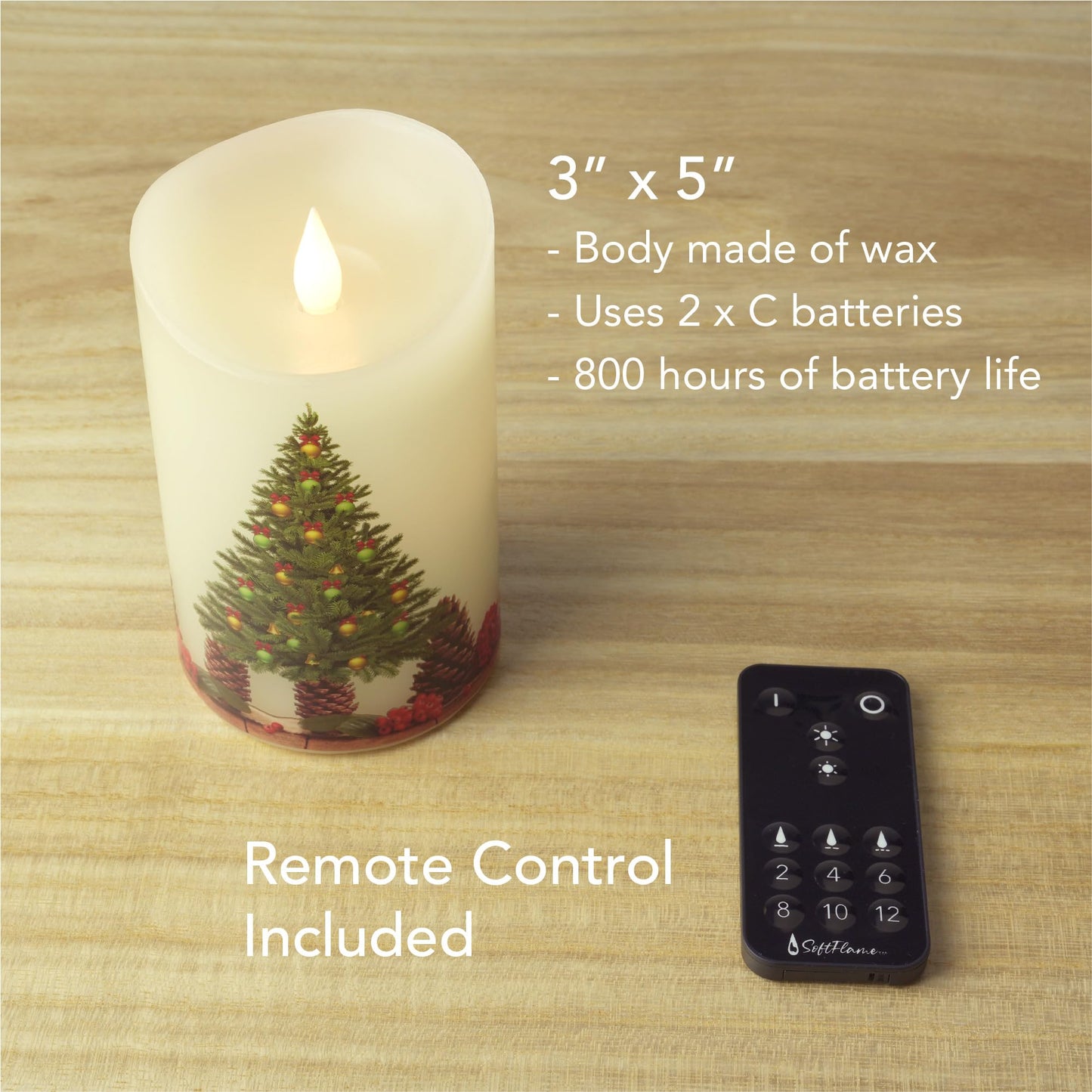 Softflame Christmas Flameless Candles with Remote Control, 3"x 5""Battery Operated Flickering 3D Wick Real Wax Pillar Christmas Tree Candle"