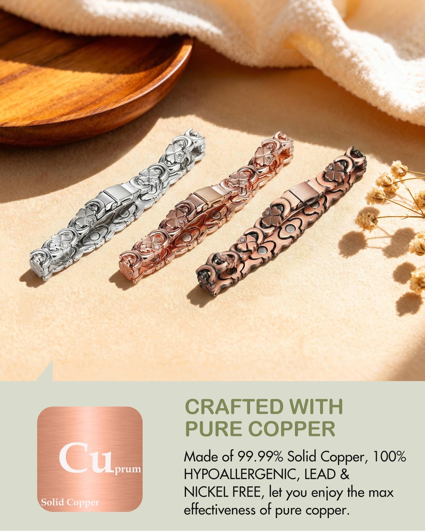 Feraco Pure Copper Bracelets for Women, Ultra Strength Magnetic Bracelet for Women with 3800 Gauss Magnet & Sparkling Cubic Zirconia, Flower Jewelry Gift, Infinite Symbol (Copper)