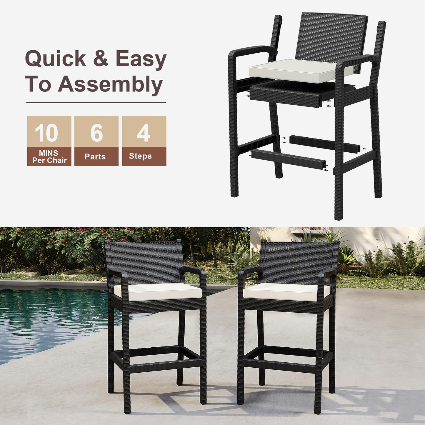 Patio Wicker Bar Stools Set of 4, 30'' Outdoor Counter Height Barstools with Thickened Cushions, All-Weather Wicker Rattan Bar Chairs with Backrest & Footrest for Backyard, Pool, Balcony, Beige