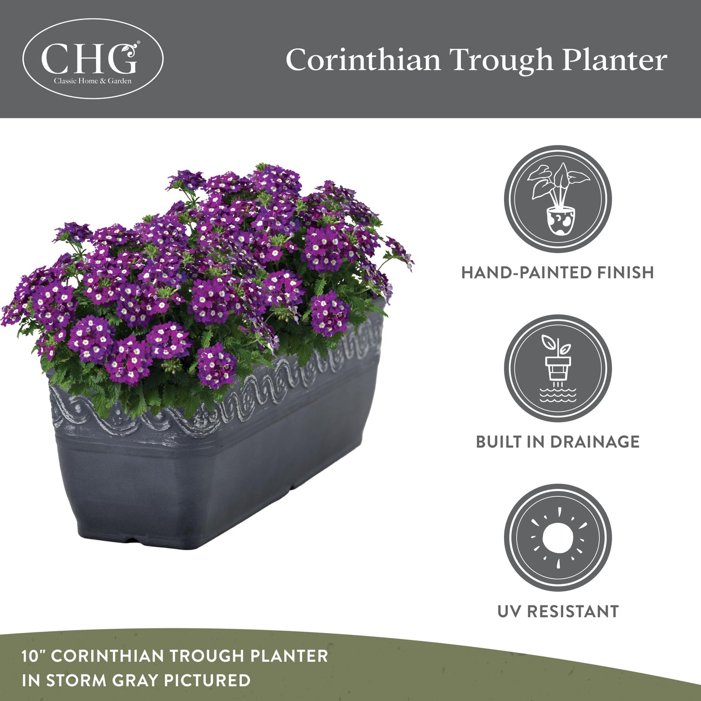Classic Home and Garden Corinthian Resin Flower Pot Rectangle Planter, Concrete Grey, 18"