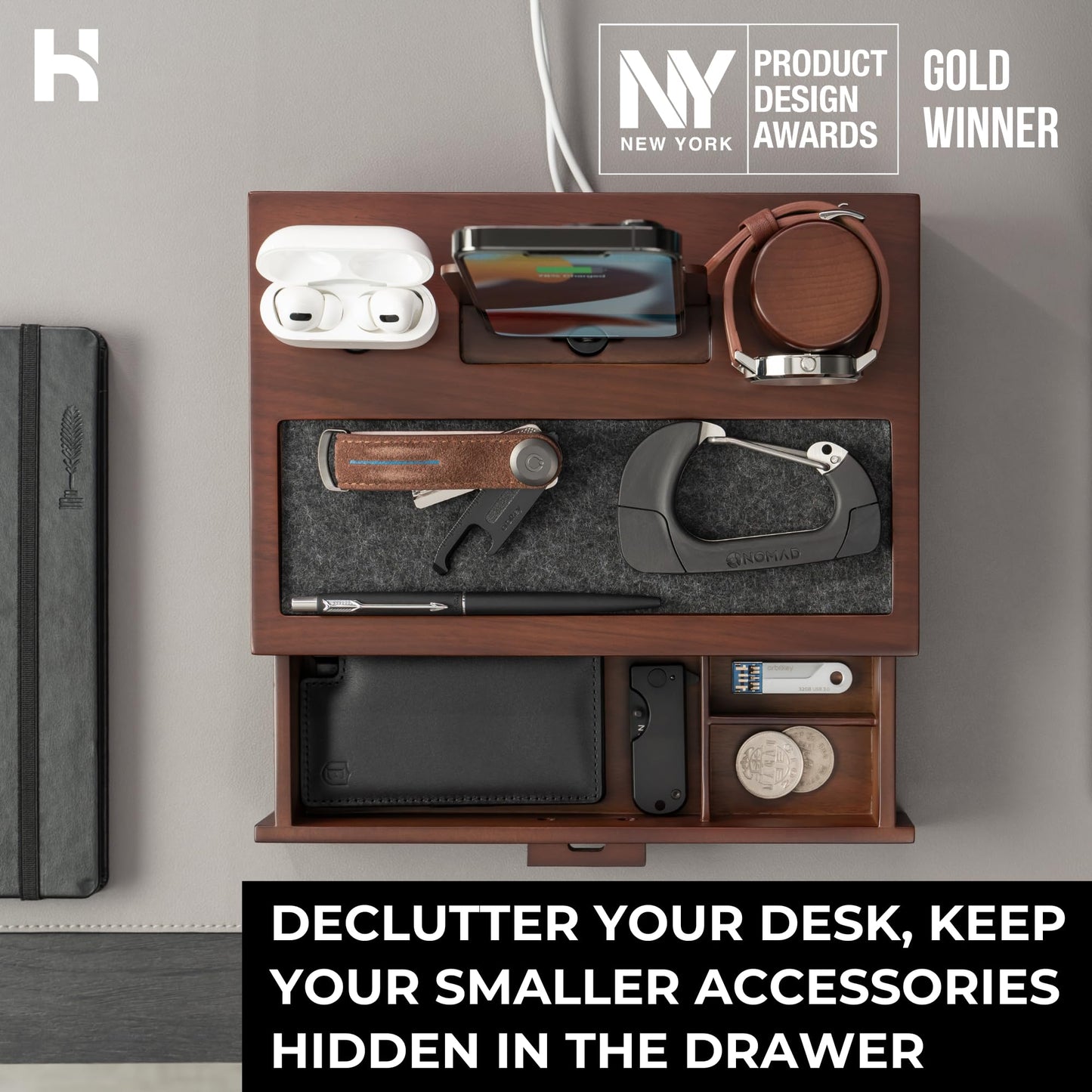 Holme & Hadfield Premium Wooden Phone Docking Station with Drawer – Nightstand Organizer for Charging Phone & Earbuds – Declutter Your Space with Felt-Lined Protection & Watch Pillar - Gift For Men