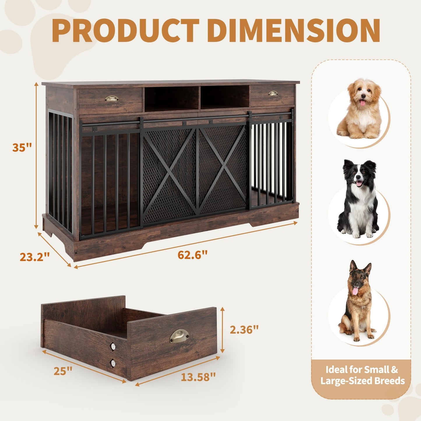 Double Dog Crate Furniture, 63 Inch Heavy-Duty Dog Kennel with Center Divider, Sliding Doors, Drawers and Open Shelves, Indoor Dog House for Living Room, Retro Brown