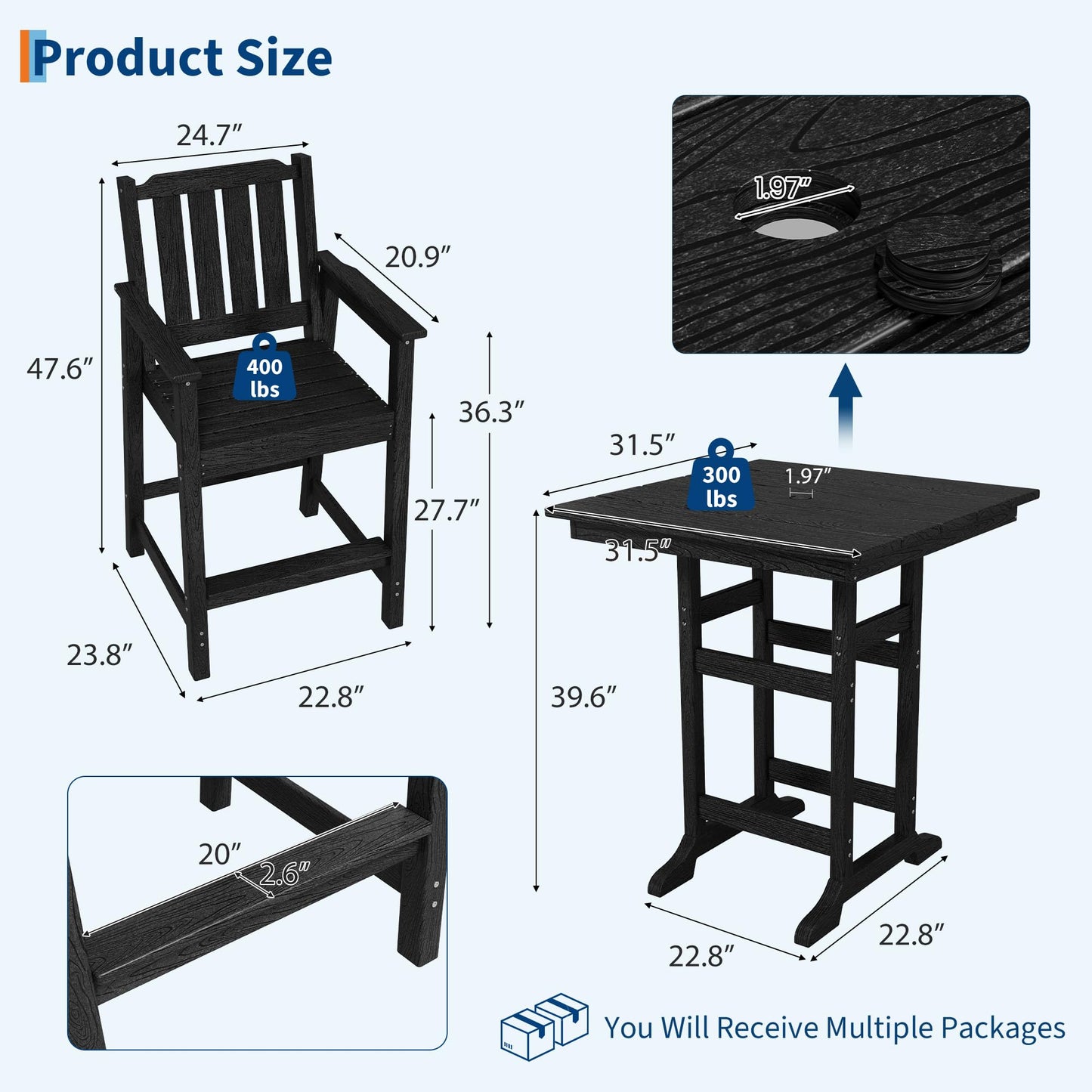 GarveeHome Outdoor Slatted Bar Table and Chairs Set for 3, 3-Piece Bar Height Table and Chairs with Umbrella Hole and Footrest, HDPE All-Weather Patio Bar Set for Balcony, Backyard, Poolside, Black