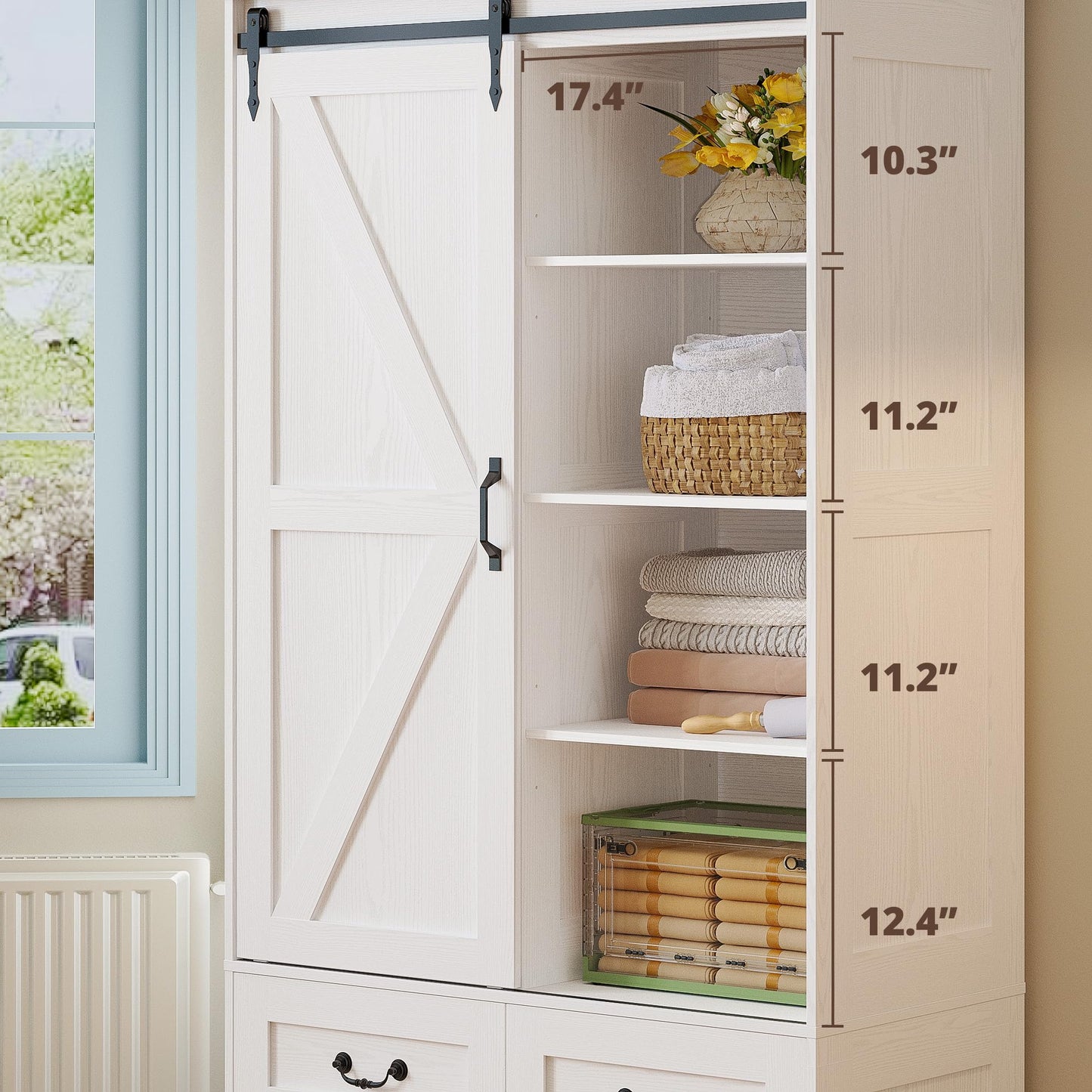 IRONCK Armoire Wardrobe Closet with 4 Drawers,71" Wardrobe Cabinet with Sliding Barn Doors, Tall Clothing Storage Cabinet with Hanging Rod and Shelves for Bedroom, White