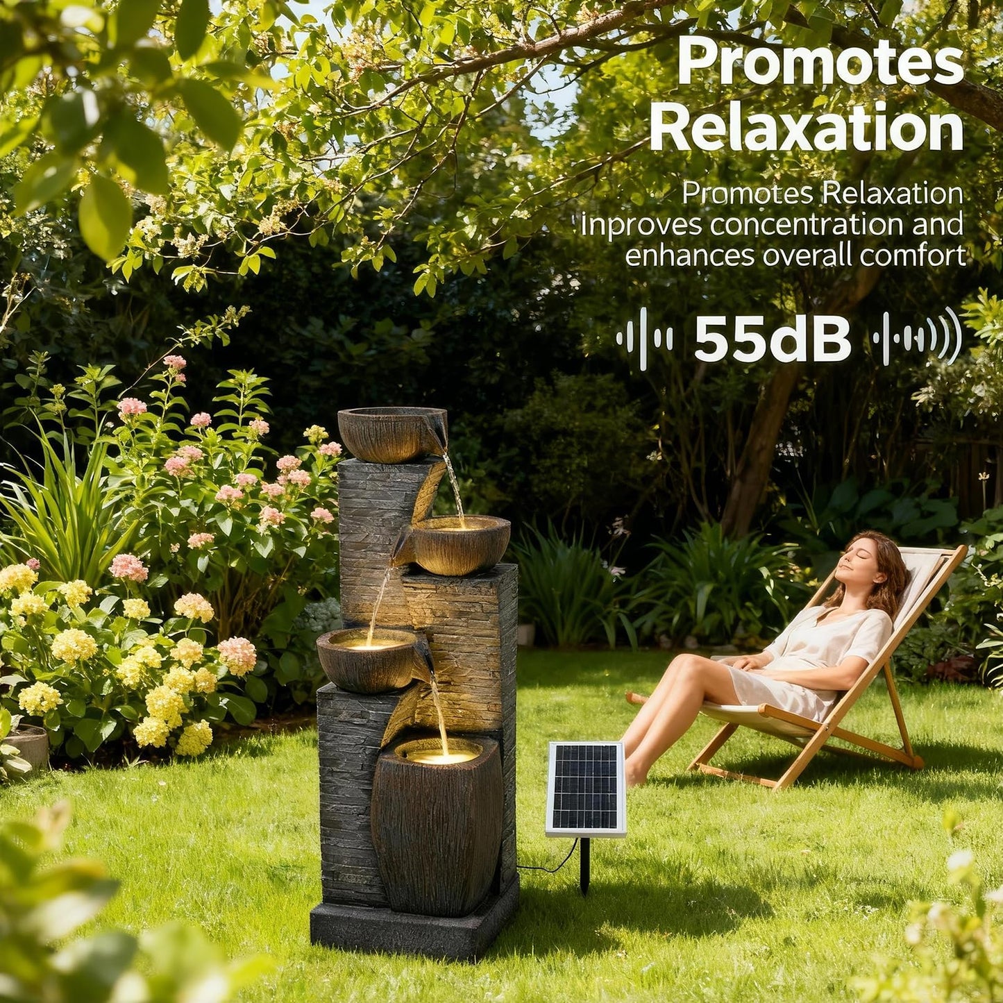 KAISOKU Solar Water Fountain Outdoor Garden, 38.2" Tall Stone Texture Modern Outdoor Fountain with 4 Tiers Cascading Bowls and Pump Solar Panel for Patio, Deck, Porch, Backyard Home Decor