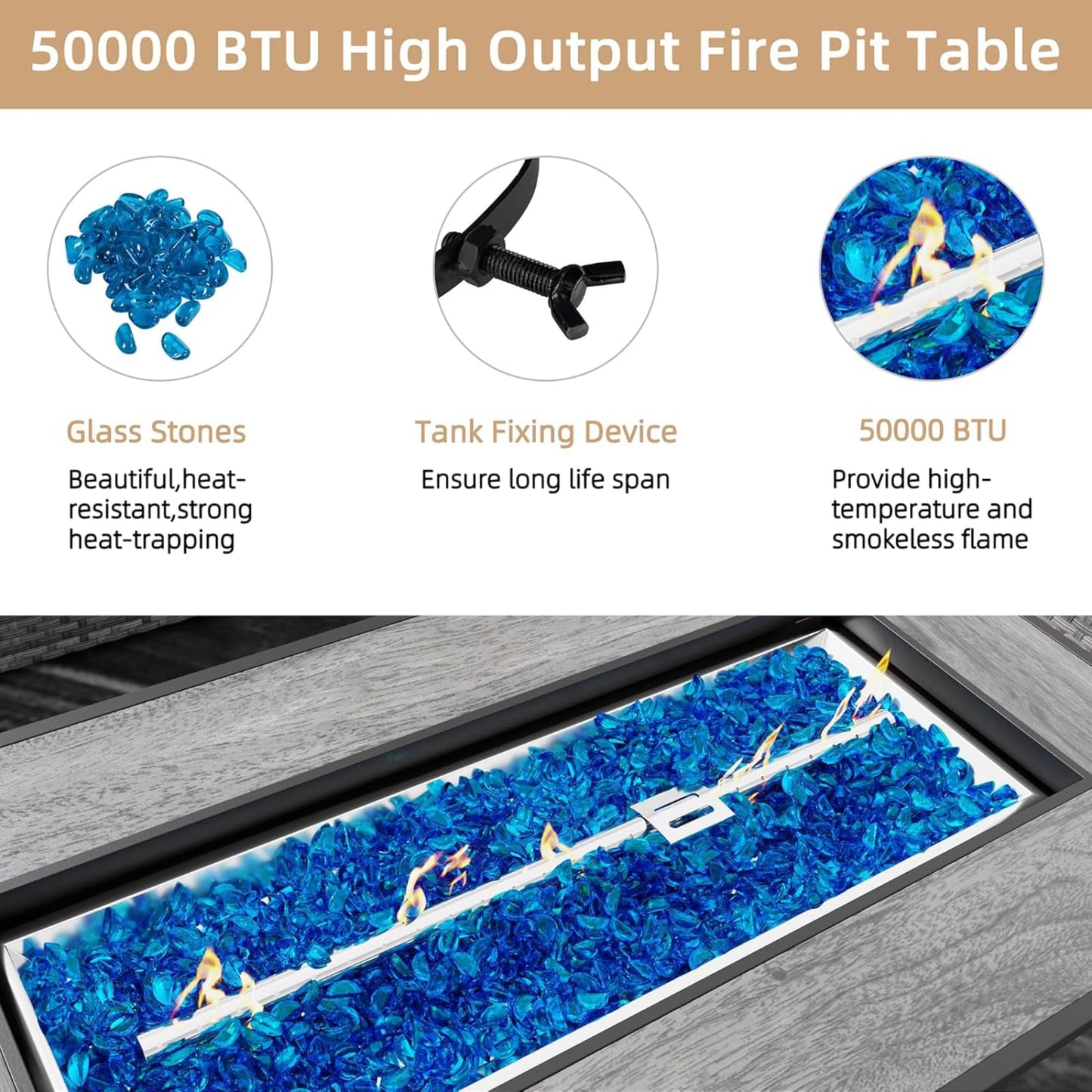 45 Inch Propane Fire Pit Table, 50,000 BTU Outdoor Gas Fire Pit for Patio & Backyard, 2-in-1 Firepit Dining Table with Glass Wind Guard, Blue Glass Rocks & Waterproof Cover, Grey