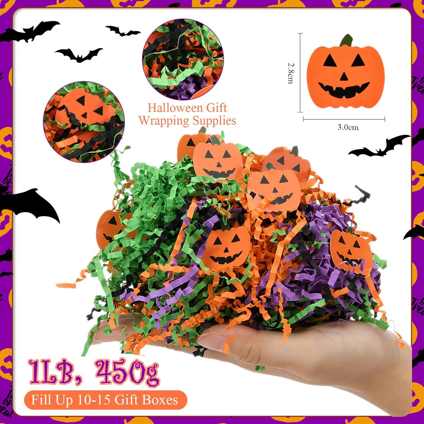 Kosiz 1 lb Halloween Crinkle Cut Paper Shred Black Orange Purple Raffia Paper Shred Filler with Pumpkin Confetti for Gift Wrapping Craft DIY Basket Box Trick or Treat Halloween Party Supply