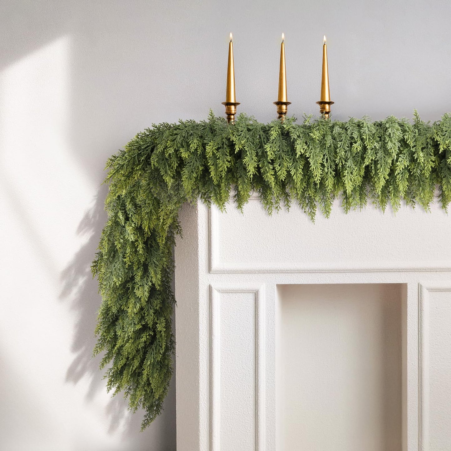 2 Pcs 9ft Christmas Cedar Garland with Soft Thickness Pine, Artificial Green Faux Cedar Pine Garland for Mantle Fireplace Indoor Outdoor Holiday Party Home Decoration