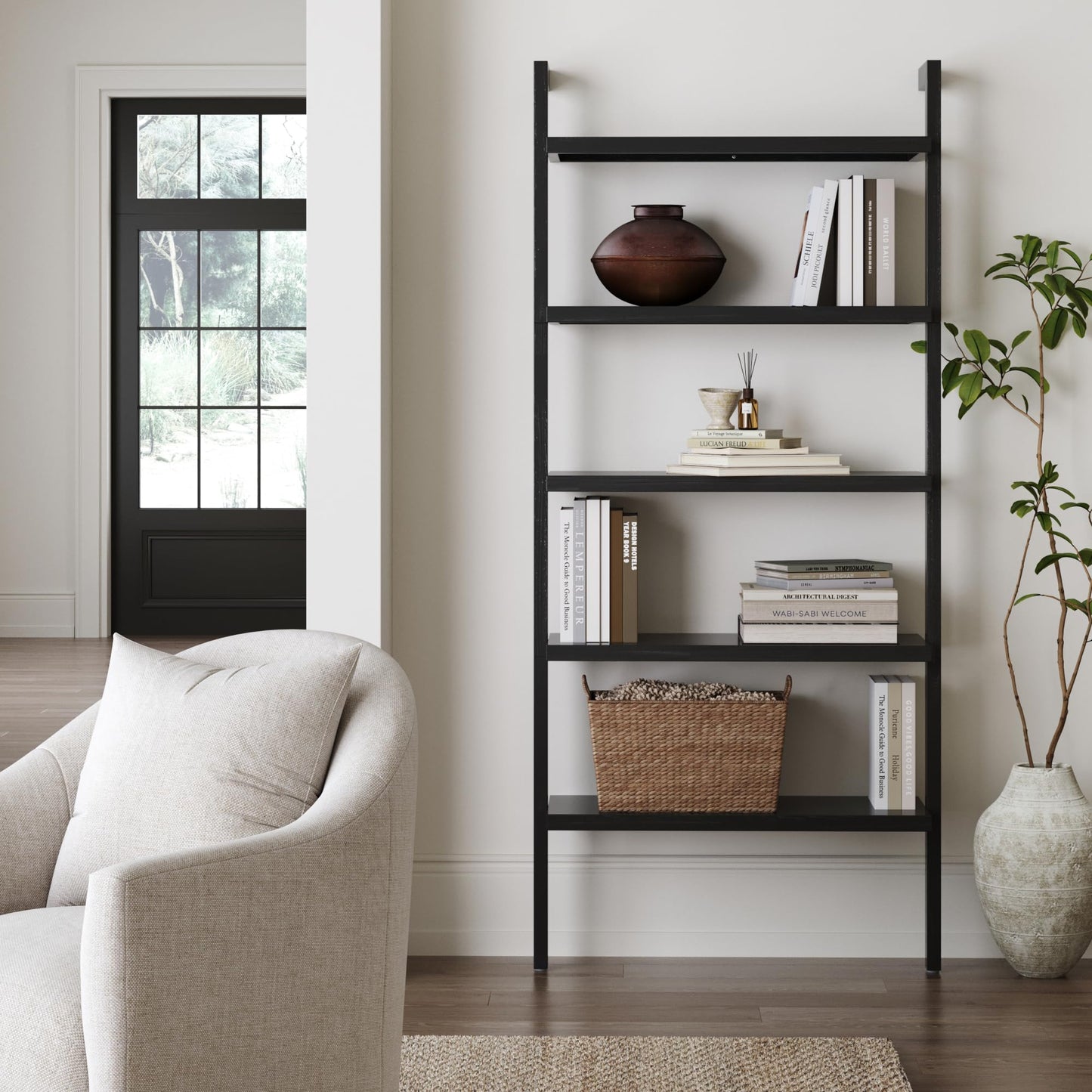 Nathan James Beacon Bohemian 5 Tier Bookshelf, Wall Mounted Bookcase, Solid Wood Bookshelf in Black Oak