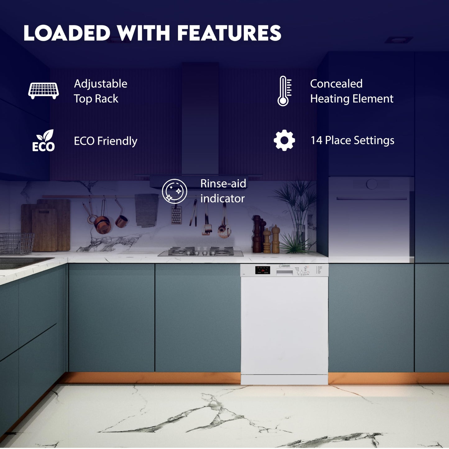 Equator24" Built in Dishwasher 14 Place Setting Wine Rack 8 Wash FAST 50 Delay1/2Load 110V E-Star ADA in White