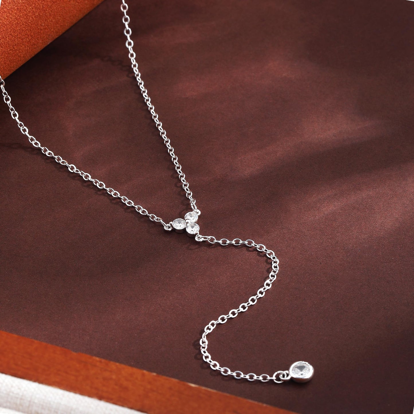 JIKASI Silver Drop Necklaces for Women Trendy Silver Layered Y-Shaped Necklace Dainty Drop Dangle Chain Simple CZ Necklaces Wedding Jewelry Gifts for Woman