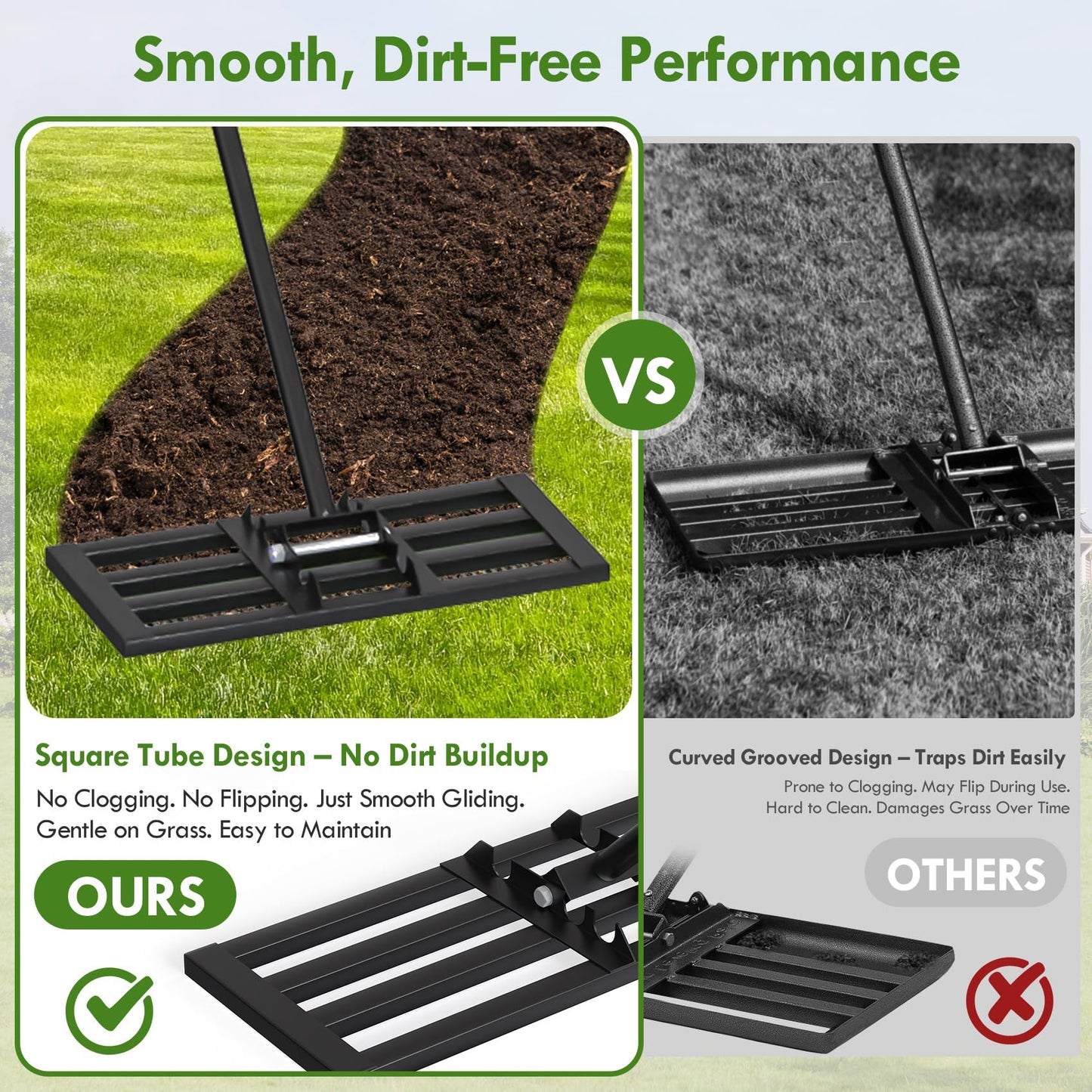Seeutek Lawn Leveling Rake, 17” x 10” Lawn Leveler with 6.5FT Stainless Steel Handle Rakes for Lawns, 0-180° Adjustable Ground Leveler Tool for Yard, Level Soil Sand Dirt Surfaces