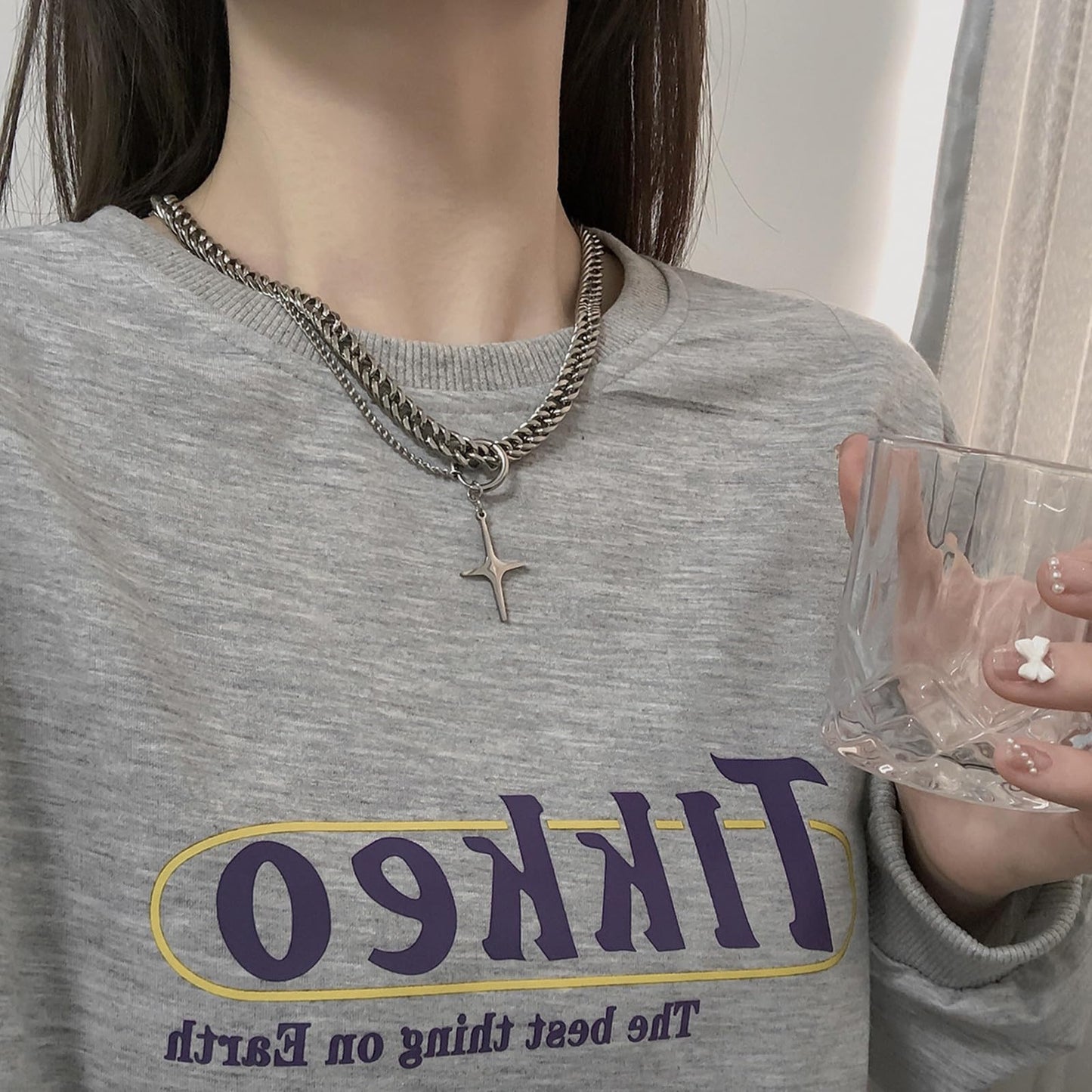 Buyongwant Star Pendant Irregular Necklace for Women Double Woven Chain Y2k Advanced Aesthetic Versatile Hip Hop Fashion Silver Titanium Steel