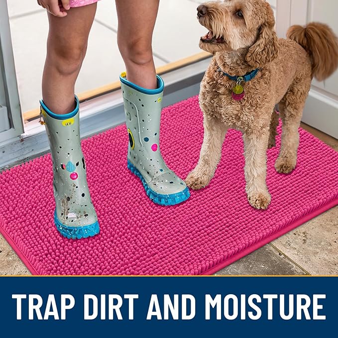 Smiry Dog Door Mat for Muddy Paws 40x32, Absorbs Moisture and Dirt Doormat, Non-Slip Washable Quick Dry Chenille Front Door Mat Indoor Entrance, Entryway Carpet for Inside Floor, Hot Pink