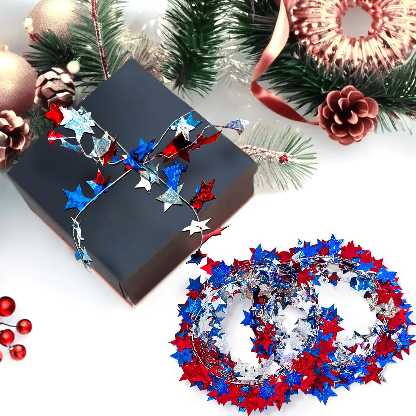 2 Rolls Patriotic Wire Star Garland, Red Blue Silver Star Tinsel Garlands with Wire, Fourth of July Party Decor, Independence Day Birthday Party Festive Ornament