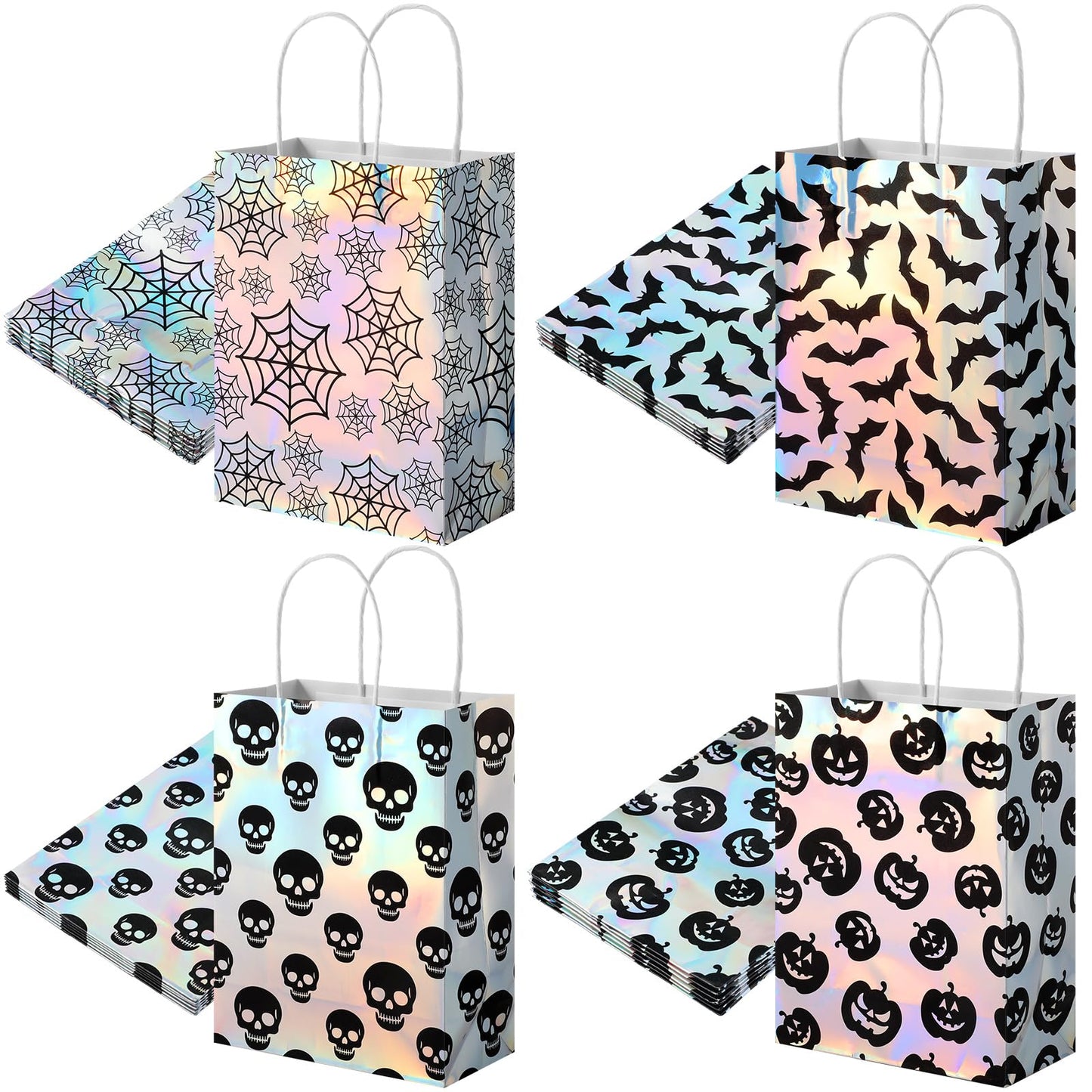 Paterr 24 Pcs Iridescent Halloween Paper Bags Holographic Bat Pumkin Skeletons Pumpkins Spider Webs Trick or Treat Reusable Gift Bags for Halloween Party Supplies Favors(Classic Patterns)
