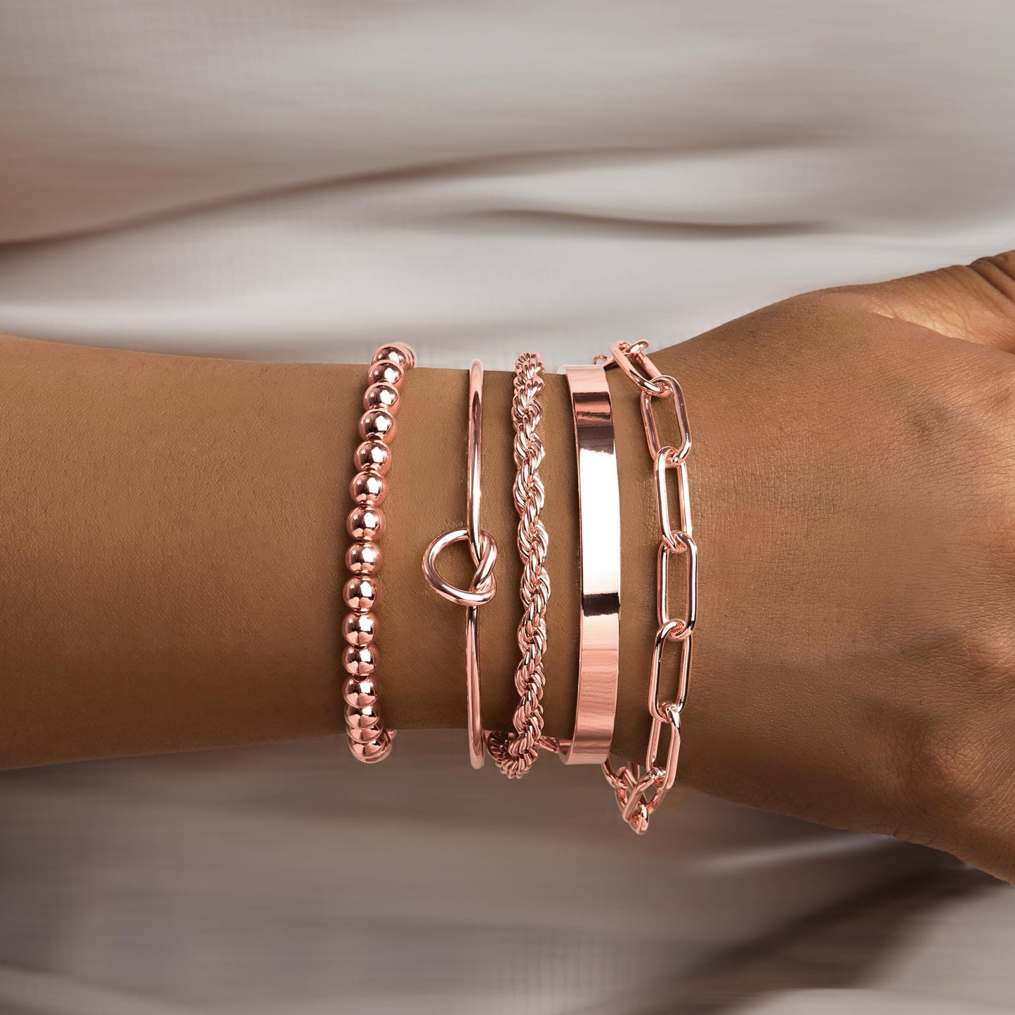 Gokeey Rose Gold Cuff Bracelets for Women,Dainty Rose Gold Bangles Bracelets Set for Women, Paperclip Link Chain Rope Beaded Tie Knot Bracelets Stack Chunky Jewelry