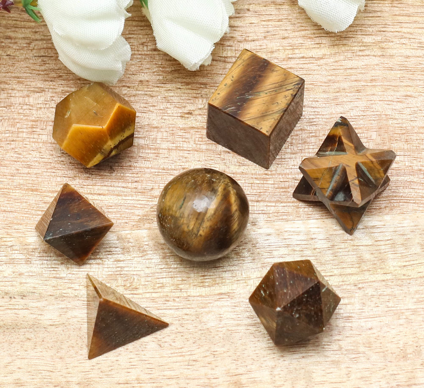 Crocon Tiger Eye 7Pcs Platonic Solids Crystal Geometry Set, Platonic Solids Sacred Geometric Stones for Meditation Reiki Balancing Healing Chakra Stone Cleansing Spiritual Good Luck (15-20 mm)
