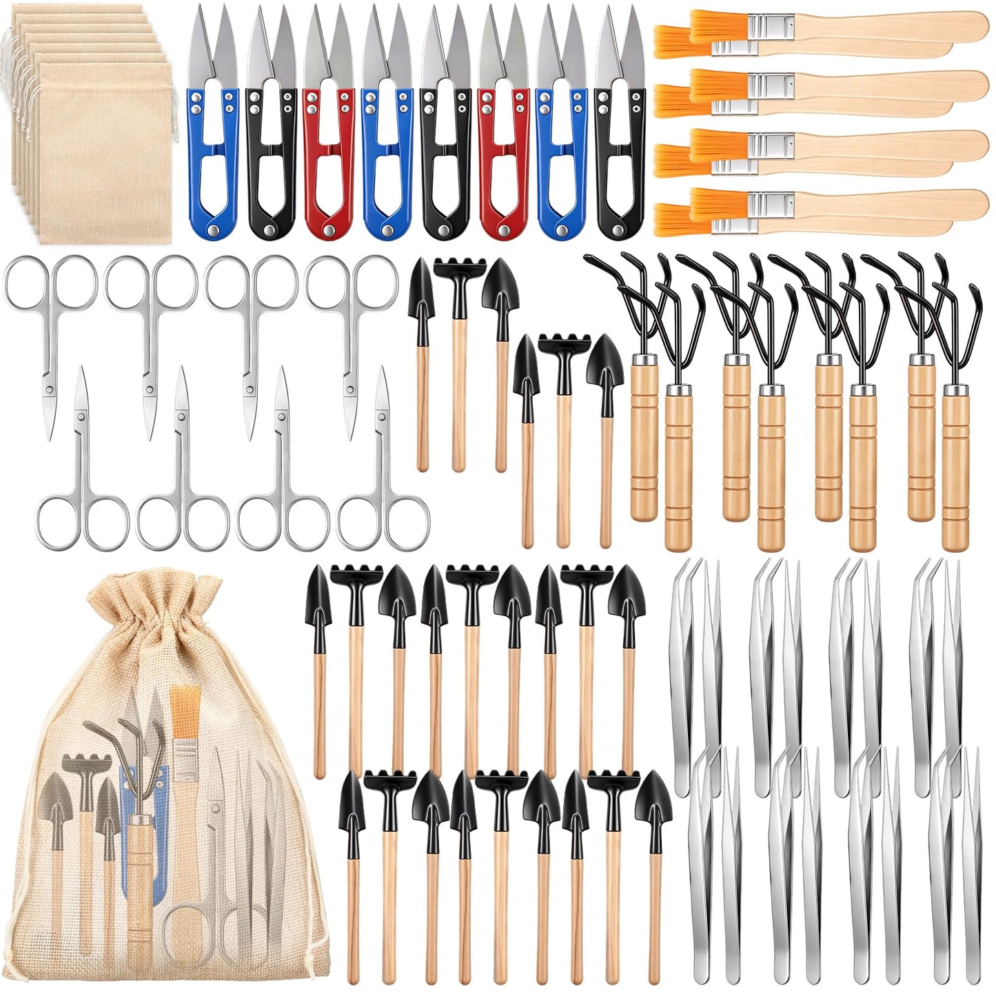 Lanties 8 Sets/ 80 Pcs Bonsai Tools Set Mini Garden Tool Kit with Pruning Shears U Shaped Scissors Mini Rake Tweezers Brush Storage Bags Complete for Bonsai Succulents Indoor Plants