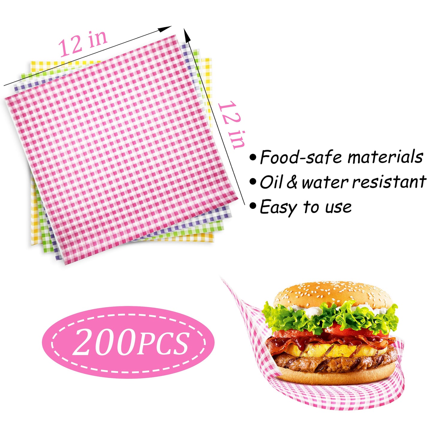 JSDJ 200Pcs Wax Paper Sheets 12" x 12" Checkered Dry Waxed Deli Paper, Sandwich Wrapping, Food Wrap, Grease Proof Food Basket Liners for Hamburgers, Bread, french fries, Picnic, BBQ, Party, Decorative