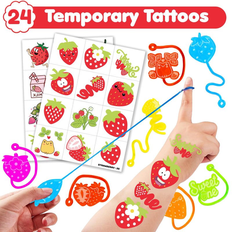 48PCS Strawberry Party Favors - 24PCS Berry First Temporary Tattoos & 24PCS Stick Hands - Perfect Birthday Supplies, Goodie Bag Stuffers, Treasure Box Toys, Classroom Prizes, and Student Gifts