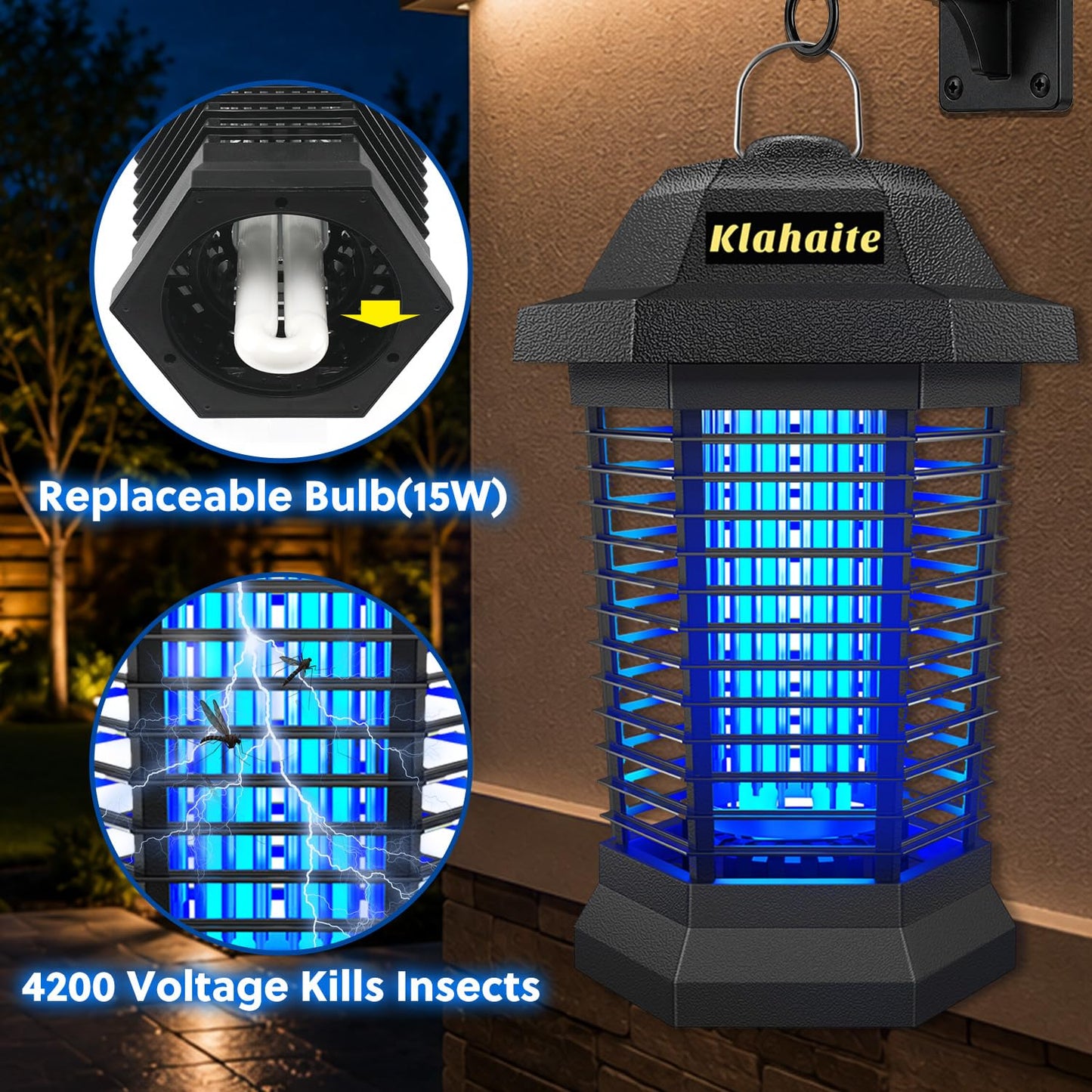Klahaite Bug Zapper Outdoor, Electric Mosquito Zapper, Fly Zapper Indoor Fly Traps, Mosquito Repellent Outdoor Patio and Backyard Covers 1/2 Acre, 3 Prong Plug, 4200V, ABS Fireproof Plastic Outer
