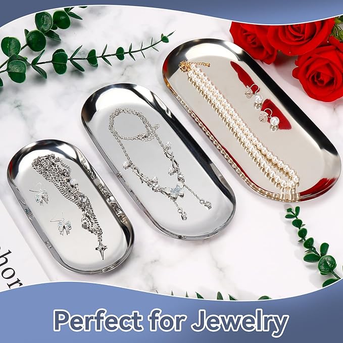 2PACK Silver Decorative Tray,Oval Stainless Steel Trays, Decorative Tray for Jewelry Dish Cosmetics Organizer Bathroom Clutter Serving Platter (Silver, 9 in)