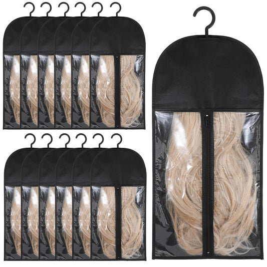 Ptwola 12PCS Wig Storage Hanger, Dust-proof Hair Extension Holder Organizer Bags with Hook Breathable Easy Carry Home Hair Salon Travel Use for Multiple Wigs Care Accessories(Black)