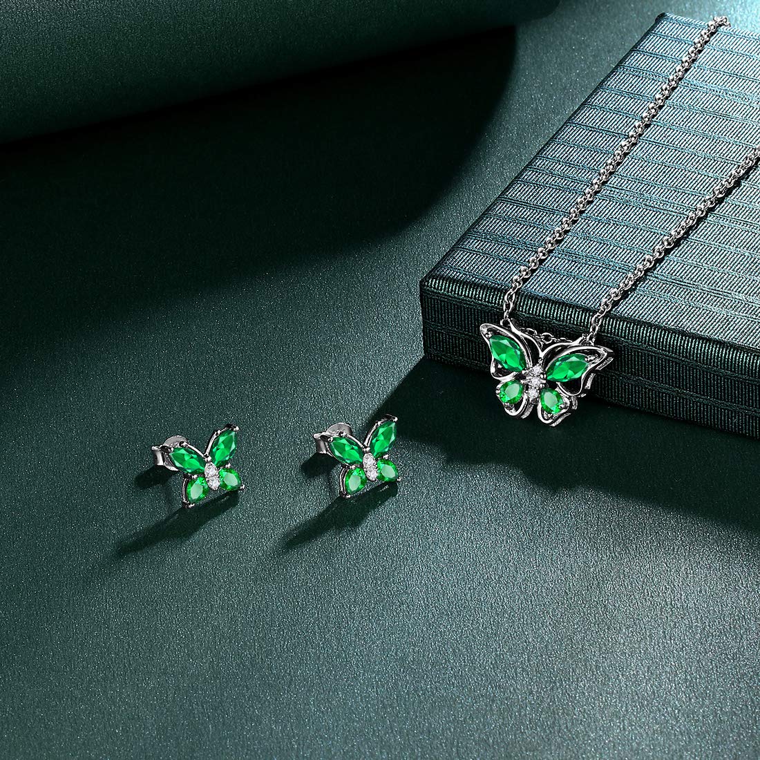 Hipunk Butterfly Green Jewelry Sets Birthstone Women 925 Sterling Silver May-Emerald Birth Stone Animal Butterflies Jewelry Sets/Earring Set Crystal Birthday Jewelry SS0001G