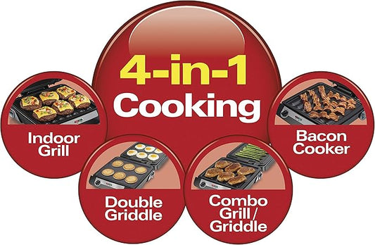 Hamilton Beach 4-in-1 Indoor Grill & Electric Griddle Combo with Bacon Cooker, Opens Flat to Double Cooking Surface, Removable Nonstick Plates, Black & Silver (25601)
