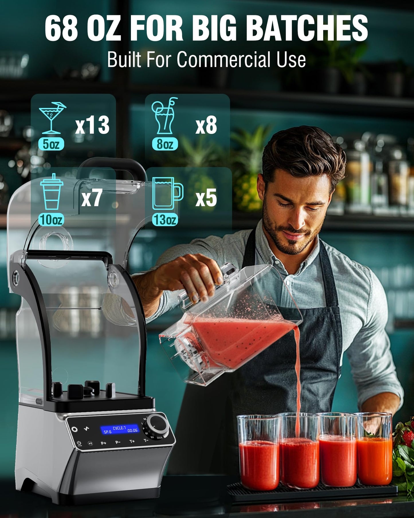 WantJoin Commercial Blender - 68 oz Quiet Commercial Blender for Smoothies with LED Touch Panel & Sound Enclosure, 2200W Copper Motor, 30000RPM, 7 Speeds, Blenders for Frozen Drinks, Juice, Soup